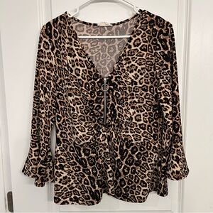 Ember Y2K Leopard Print V-Neck Peplum Women's Top With Bell Sleeves